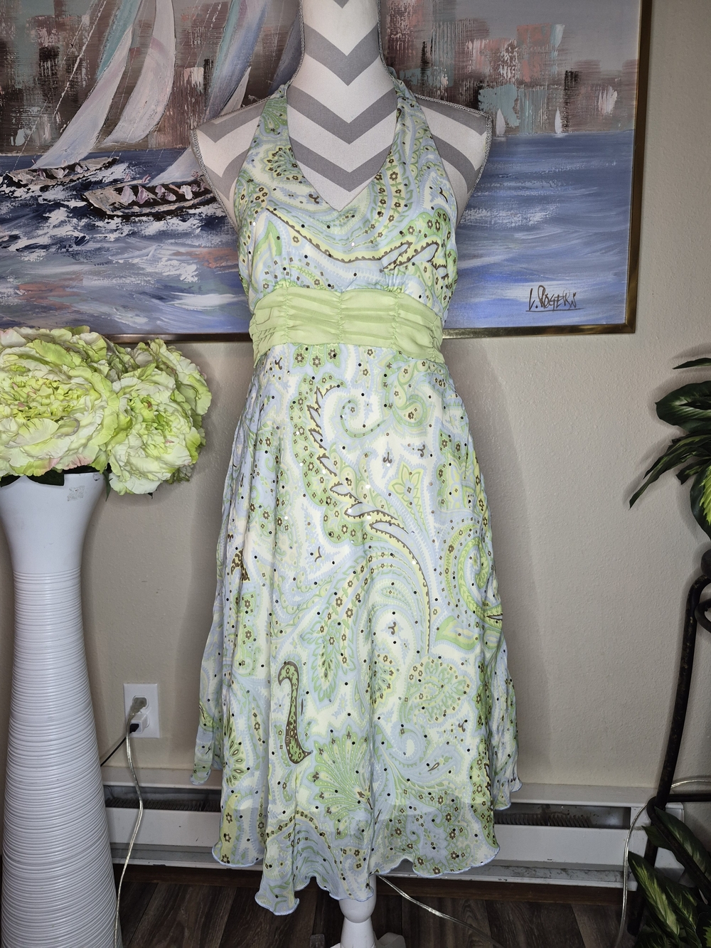 Vintage H.Y.P.E. Women’s Halter Paisley Sundress in Light Green by